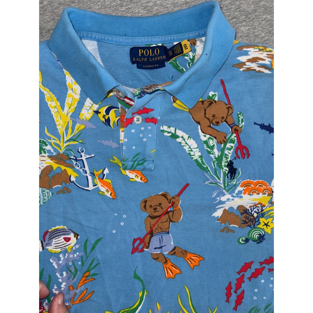 Polo Ralph Lauren Men Polo Underwater Bear Scuba Dive Shirt Classic Fit Blue XL